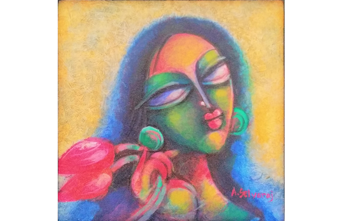 A.Selvaraj 
Lotus Girl 
Acrylic on Canvas 
12 x 12 inches 
Unavailable (Can be commissioned)